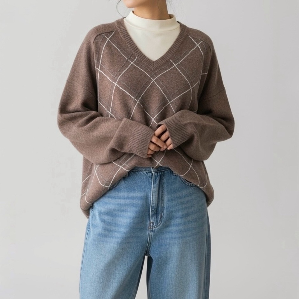 Argyle 100% Cashmere Sweater XL Brown Academia Quiet Luxury Preppy Minimalist